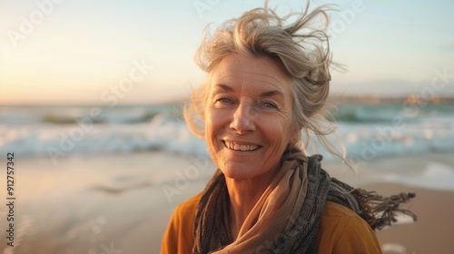 Smiling Woman with Windblown Hair on the Beach