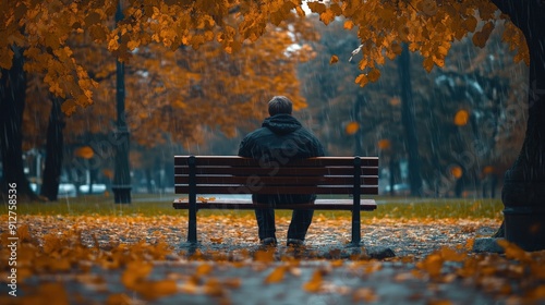 A solitary figure relaxes on a park bench, immersed in the tranquility of autumn, with colorful leaves falling gently around them