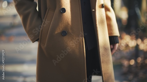 A tan double-breasted overcoat with hands tucked into its pockets, basking in the sunlight amidst a serene, leafy park setting.