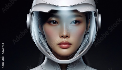 An Asian woman in a futuristic helmet gazes confidently, representing the strength and beauty of women in technology and exploration..Concept: Technology, Future, Empowerment