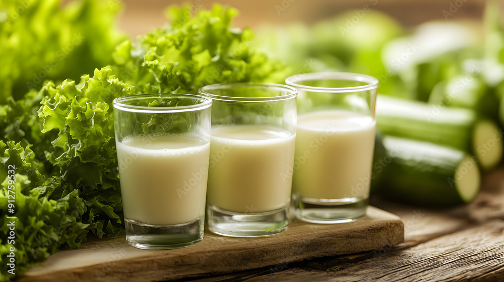 Three Glasses of Milk with Leafy Greens Background, Symbolizing Bone Strength and Overall Health Three Glasses of Milk with Leafy Greens Background, Symbolizing Bone Strength and Overall Health