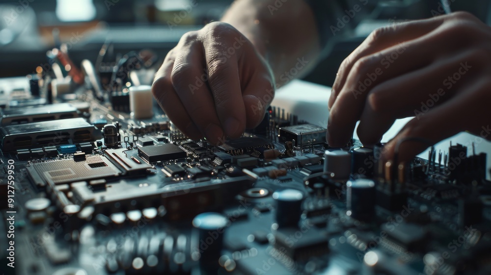 Close-up hands working on a circuit board, meticulously assembling its intricate components, spotlighting dedication to precision and innovation in technology. Close-up hands working on a circuit board, meticulously assembling its intricate components, spotlighting dedication to precision and innovation in technology.
