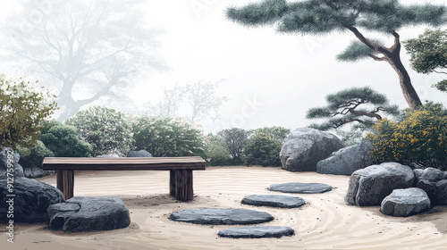 A serene scene of a bench in a park with a large rock in front of it. The bench is empty and the sun is shining brightly. Scene is peaceful and calming photo