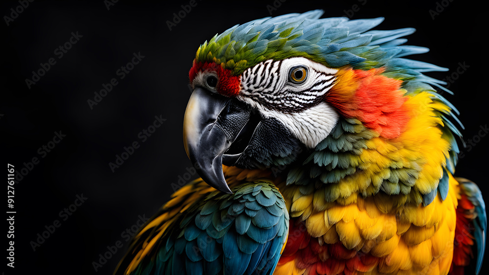 Fototapeta premium A colorful parrot with a black beak and red, yellow, and blue feathers