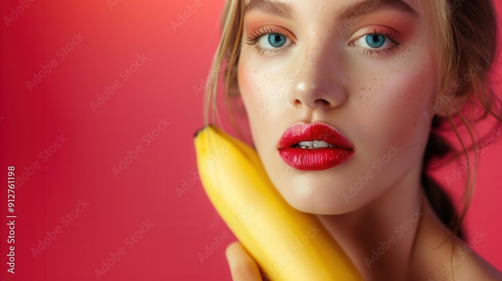 Female fashion beauty cosmetic model with a banana fruit Female fashion beauty cosmetic model with a banana fruit
