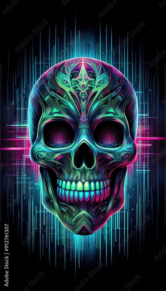 skull in the dark with neon light effect
