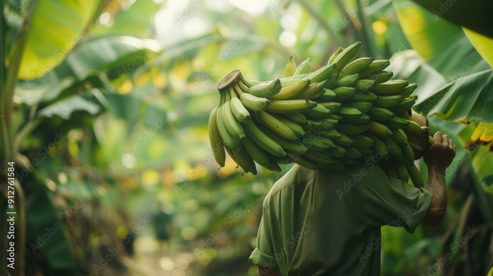 Obraz premium A farmer working carrying a branch of banana fruit in banana plantation farm field