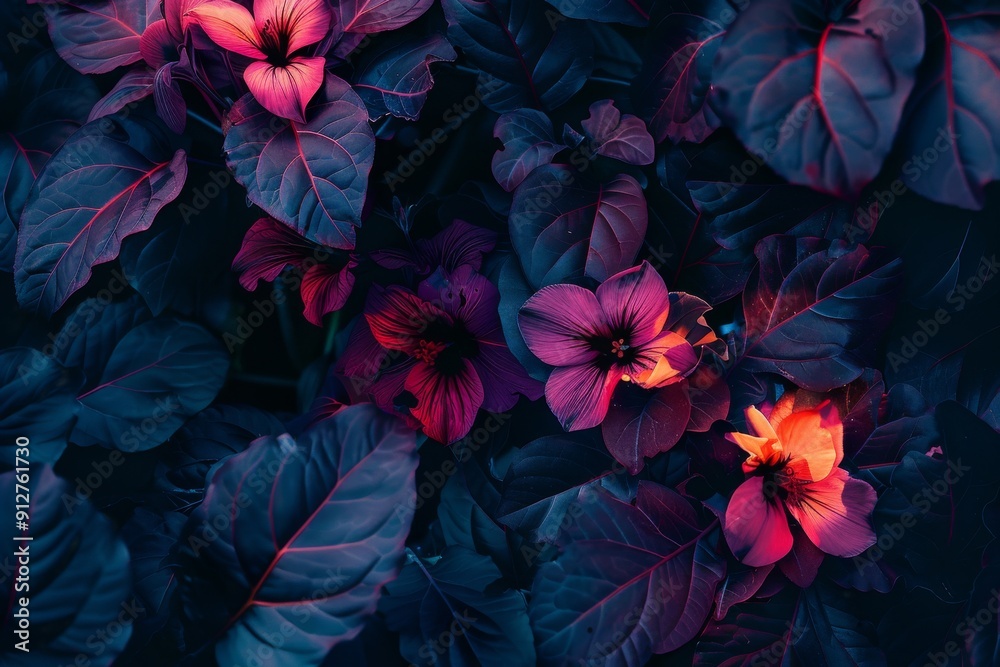 Close-up of striking purple and pink flowers with rich, dark foliage, creating a dramatic, captivating floral scene. Close-up of striking purple and pink flowers with rich, dark foliage, creating a dramatic, captivating floral scene.