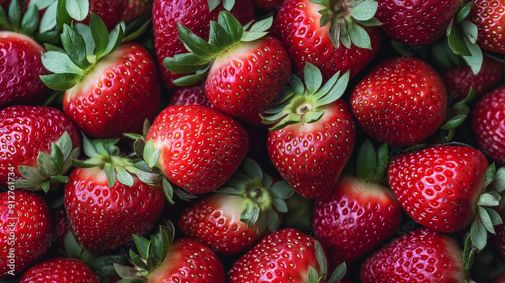Fresh, ripe strawberries piled closely together, showcasing vibrant red color and green leaves. Fresh, ripe strawberries piled closely together, showcasing vibrant red color and green leaves.