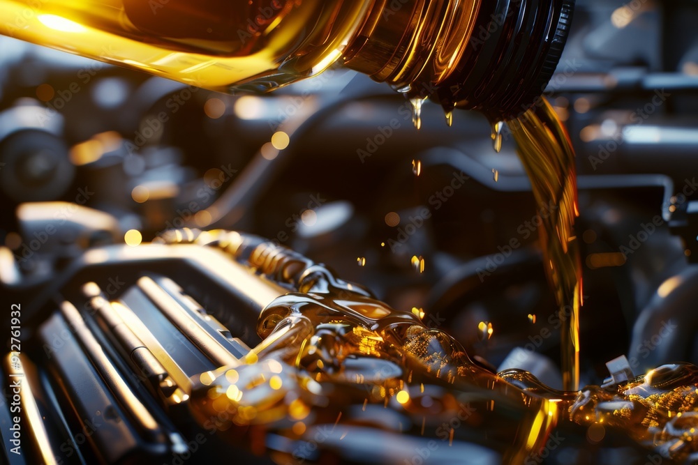 Oil pours into an engine with a golden glow, capturing the vibrant and meticulous scene of automotive maintenance with intense detail and depth. Oil pours into an engine with a golden glow, capturing the vibrant and meticulous scene of automotive maintenance with intense detail and depth.