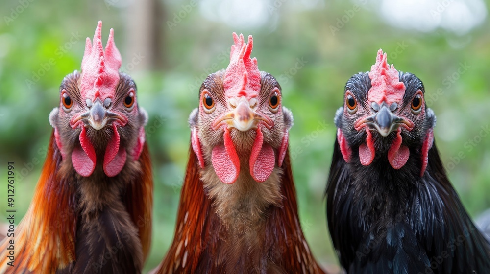 Naklejka premium Three Chickens with Red Combs and Different Plumage