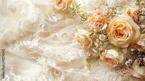 Elegant lace backdrop with pastel flowers and greenery.