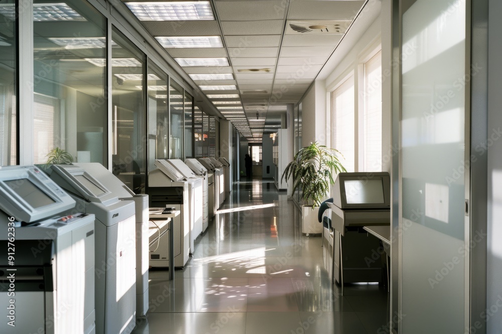 Naklejka premium A long office corridor with glass walls, abundant light flooding in through large windows, and rows of photocopiers along the sides.