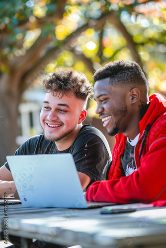 a young African-American man and a young white man working together on a computer at a table outdoors