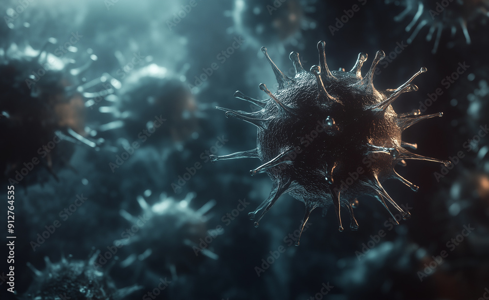 Obraz premium Close-up of harmful viruses floating in a dark, atmospheric environment.