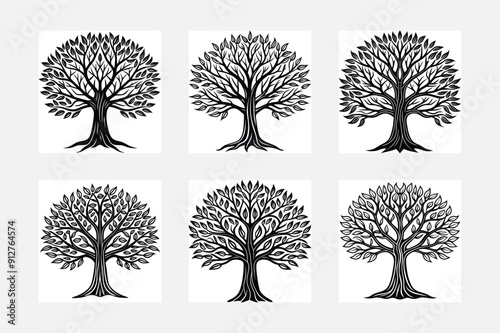 Tree with branch silhouette white background artwork set collection
