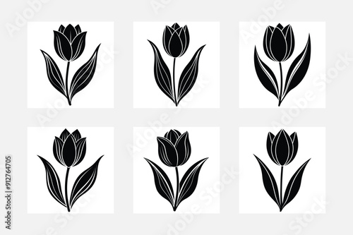 Tulip flower silhouette white background artwork set trends 