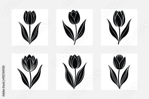 Tulip flower silhouette white background artwork set designs
