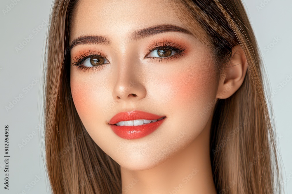 A digital illustration of a young woman with a radiant smile and soft makeup. A digital illustration of a young woman with a radiant smile and soft makeup.