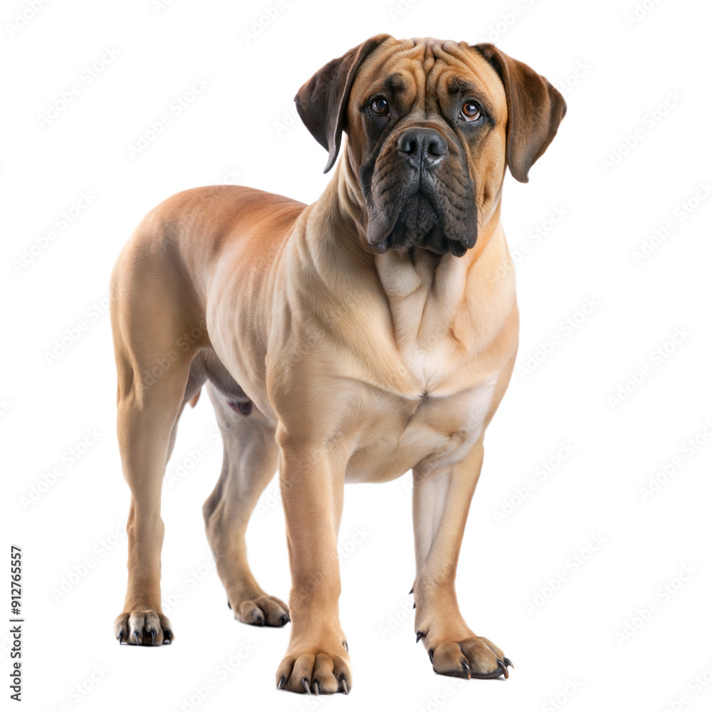 Large mastiff dog with tongue out standing and looking at camera, isolated on white background. Large mastiff dog with tongue out standing and looking at camera, isolated on white background.