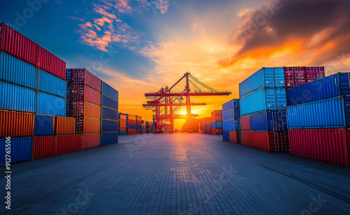 Wallpaper Mural Shipping containers stacked at a port with cranes at sunset. Torontodigital.ca