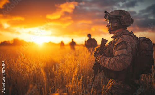 Soldiers with weapons patrolling through a grassy field at sunset.