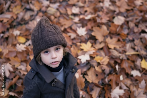 A child wearing a brown knit hat and coat stands among fallen leaves, looking up with a calm, curious expression.