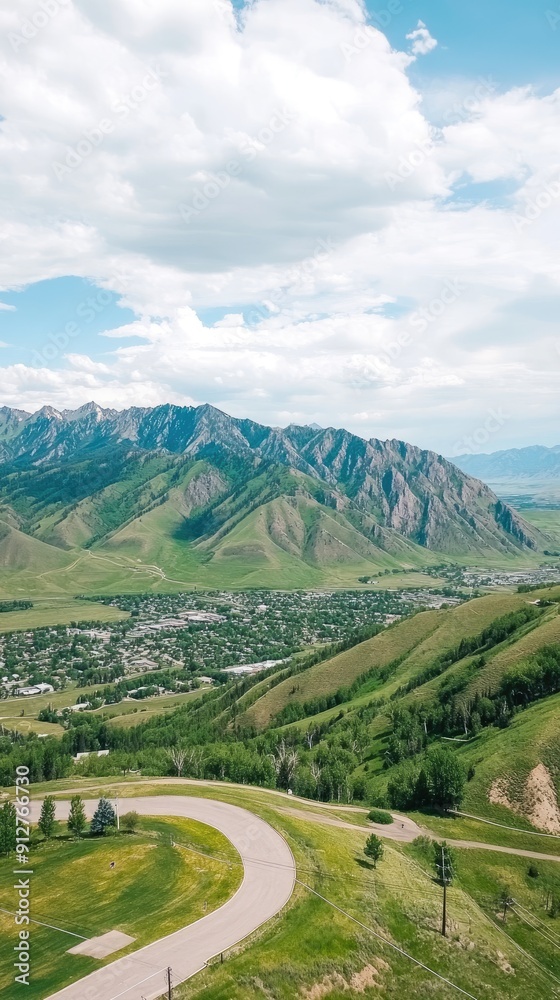 Fototapeta premium A picturesque village nestled in the mountains showcases homes connected by a network of wireless signals amid lush greenery