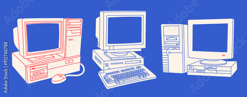Retro vintage Computers set. Old PC with monitor, keyboard. Old style technology. Hand drawn trendy Vector illustration. Isolated design elements. Vintage gadgets. Print, logo, design templates