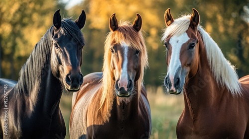 Three Horses Standing Side-by-Side with Blurred Autumn Background