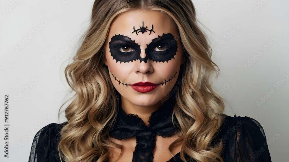 Woman in costume and makeup for halloween on light background Woman in costume and makeup for halloween on light background