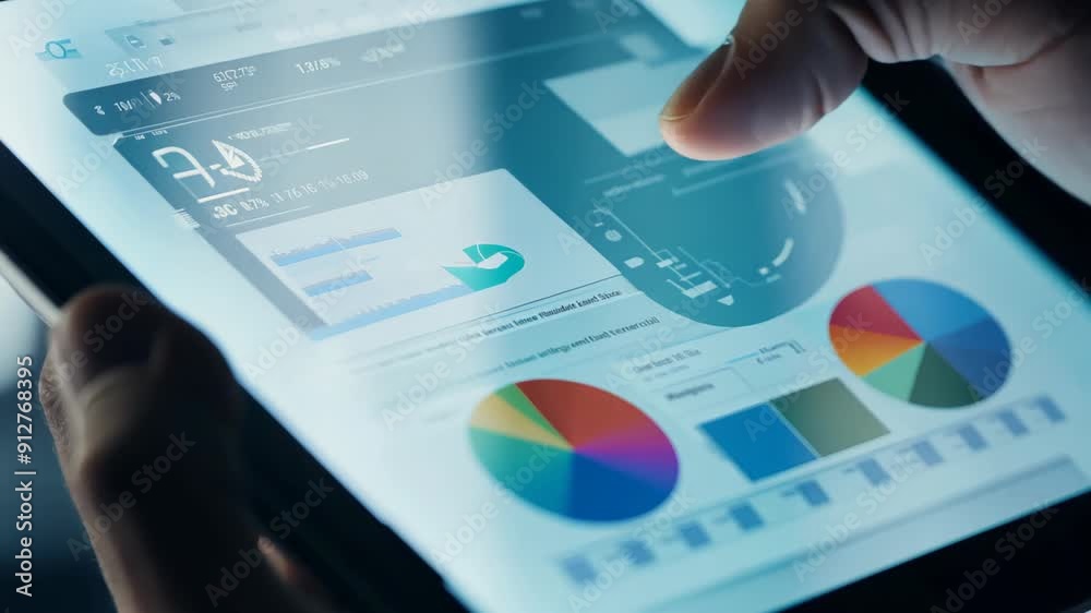 A person's hand touches a tablet screen displaying analytical data and graphs.
Concept: data analysis, business analytics