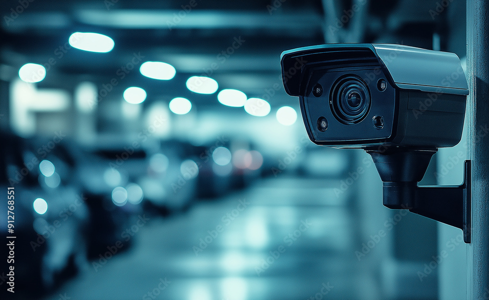 A security camera in a dimly lit parking garage with cars in the background. A security camera in a dimly lit parking garage with cars in the background.