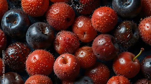 Background close-up image of a mixture of blueberries and raspberries. Blackberries, redberries photo