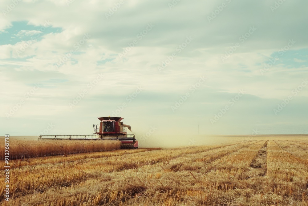 A combine harvester traverses a vast golden wheat field under a wide, open sky, leaving a trail of harvested stalks behind, showcasing rural agricultural life. A combine harvester traverses a vast golden wheat field under a wide, open sky, leaving a trail of harvested stalks behind, showcasing rural agricultural life.