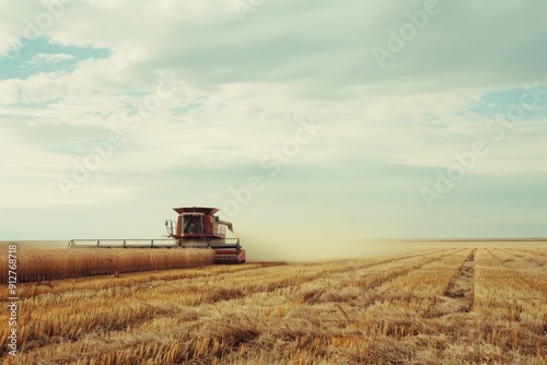 A combine harvester traverses a vast golden wheat field under a wide, open sky, leaving a trail of harvested stalks behind, showcasing rural agricultural life.
