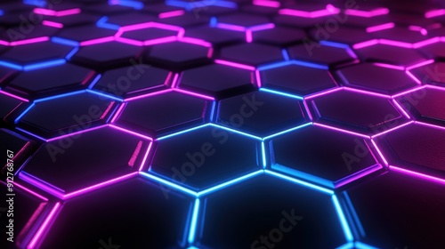 neon lights, lines, hexagons from left to right in the middle, black background photorealistic 