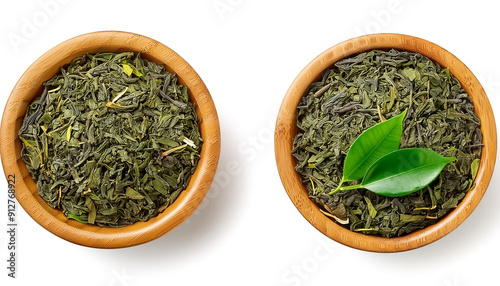  tea leaves in wooden bowl isolated on white background