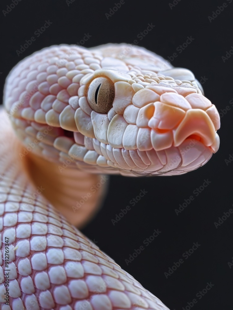 Albino snake. Studio photography of an animal in white color.