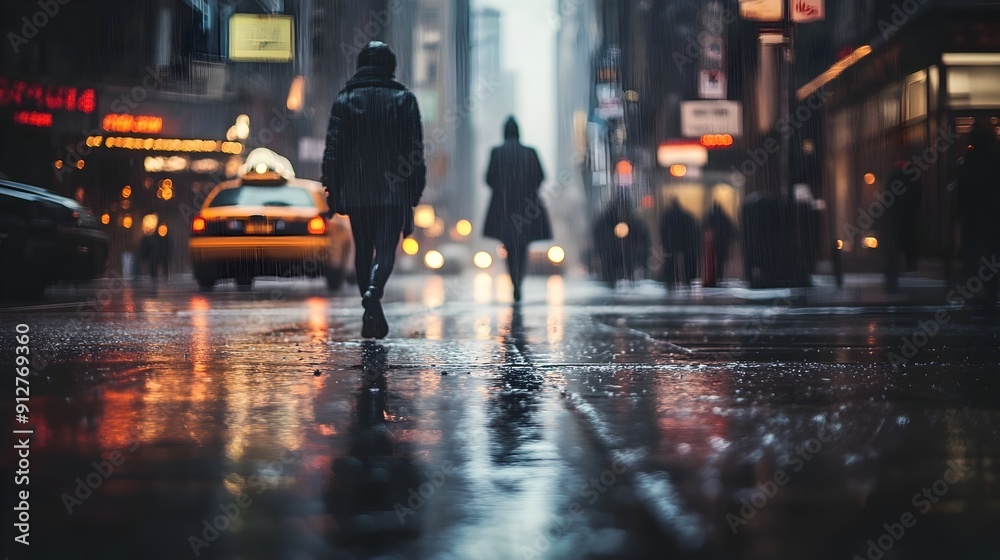 Solitary Figure Walking Through Rainy City Street at Night with Reflective Puddles and Glowing Lights Solitary Figure Walking Through Rainy City Street at Night with Reflective Puddles and Glowing Lights