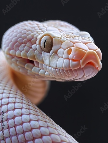 Albino snake. Studio photography of an animal in white color.