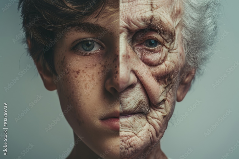 A poignant split-image portrait captures the youthful exuberance of a child beside the weathered wisdom of the elderly, depicting a striking contrast of age. A poignant split-image portrait captures the youthful exuberance of a child beside the weathered wisdom of the elderly, depicting a striking contrast of age.