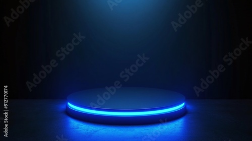 Modern Product Presentation Featuring a 3D Blue Cylinder Podium in a Sci-Fi Room with Dark Blue Background and Semi-Circle Neon Lighting
