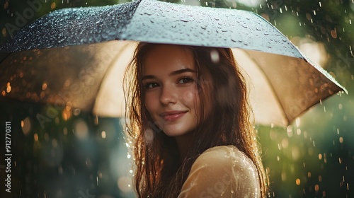 Cheerful young woman enjoying the rain under green umbrella in the park on a cloudy day