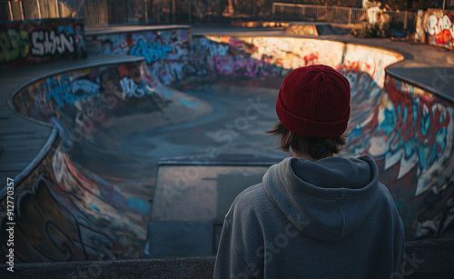 Person wearing a red beanie and grey hoodie facing a graffiti-covered skatepark.