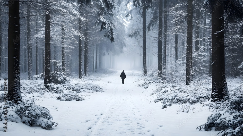 Serene Snowy Forest Pathway Tranquil Winter Landscape with Solitary Silhouette Serene Snowy Forest Pathway Tranquil Winter Landscape with Solitary Silhouette