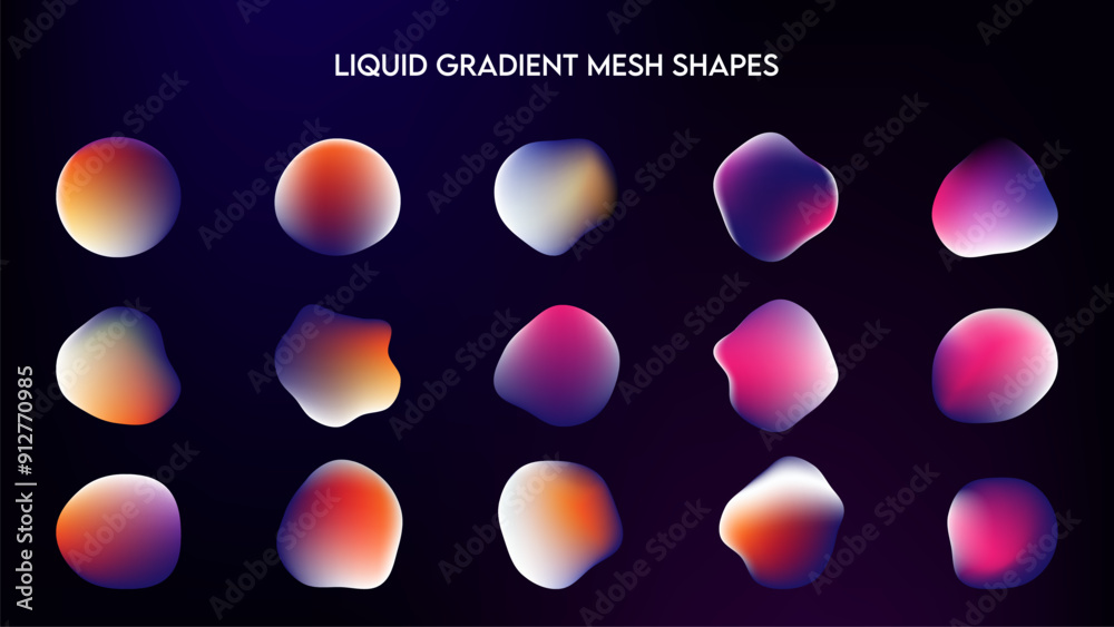 Abstract liquid gradient mesh shapes with three colors. 3d blob vector design. Orange, Pink and Purple Blob
