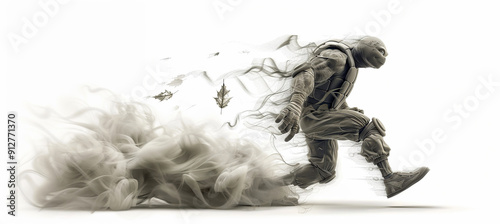 fast quickly running 3d animated Turtle, white background filled with smoke and wind