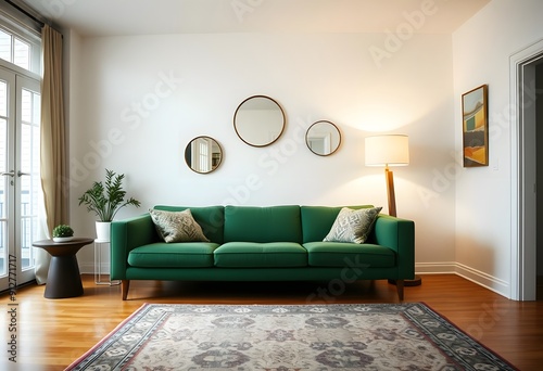 A green velvet sofa in a minimalist living room with round wall mirrors and a potted plant photo