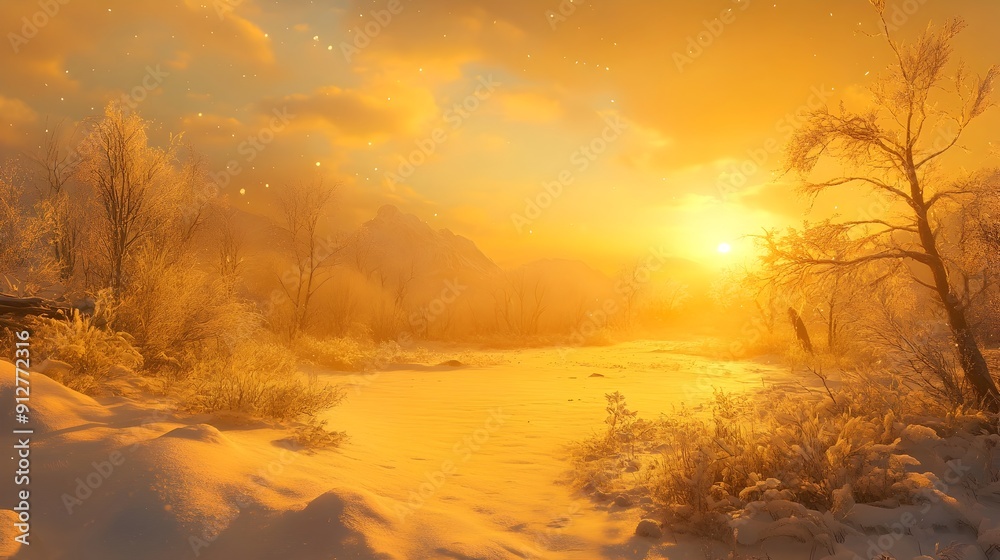 Enchanting Winter Landscape with Frozen River and Glowing Sunset Enchanting Winter Landscape with Frozen River and Glowing Sunset